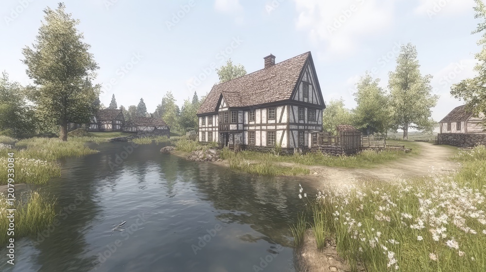 Obraz premium Medieval Village House by Tranquil River Scene