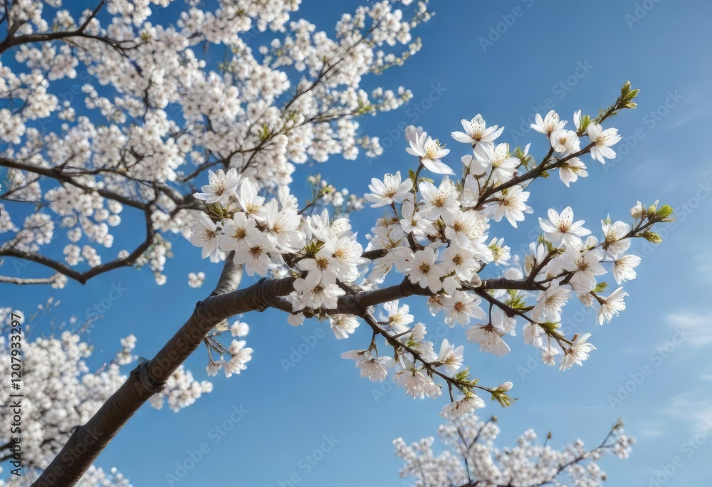 Blooming white cherry blossom tree against clear blue sky, Japanese, seasonal Blooming white cherry blossom tree against clear blue sky, Japanese, seasonal