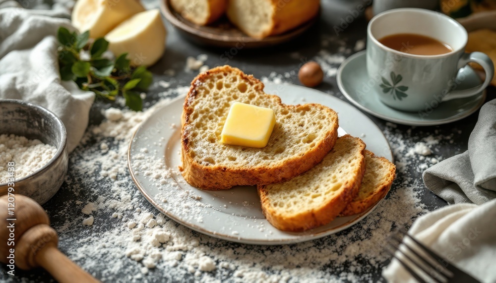 Rustic bread with butter on plate in cozy kitchen setting for breakfast Rustic bread with butter on plate in cozy kitchen setting for breakfast