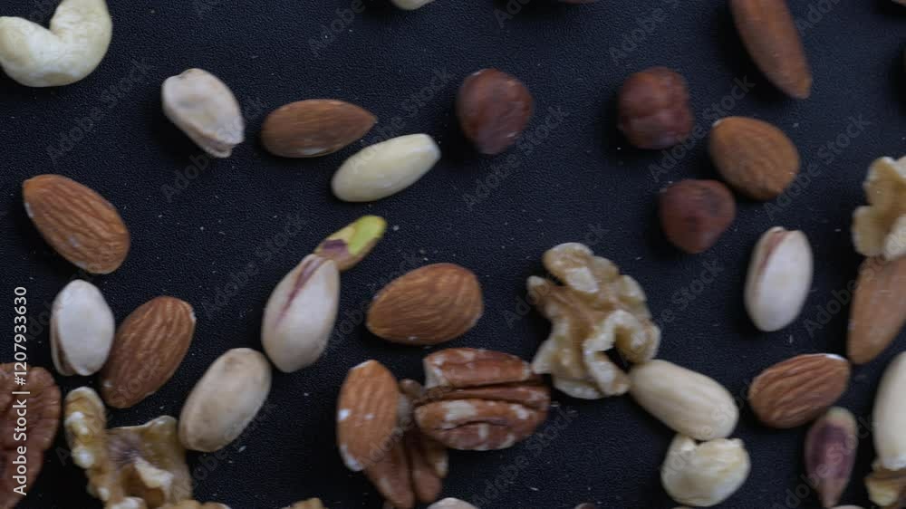 Assortment of Nuts in Slow Motion – Almonds, Walnuts, Pecans, Cashews, Hazelnuts, and Pistachios Tumbling on Table, Macro Overhead View Assortment of Nuts in Slow Motion – Almonds, Walnuts, Pecans, Cashews, Hazelnuts, and Pistachios Tumbling on Table, Macro Overhead View