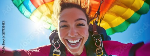 Une femme souriante sautant en parachute avec une voile colorée et prenant un selfie, portrait en gros plan par une journée ensoleillée avec un beau ciel bleu. photo