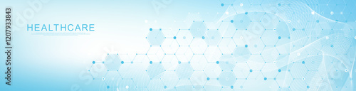 Modern health care or medical background design. Health care innovation concept. Horizontal header web banner. Abstract geometric background with hexagon shapes for medicine, science, chemistry.