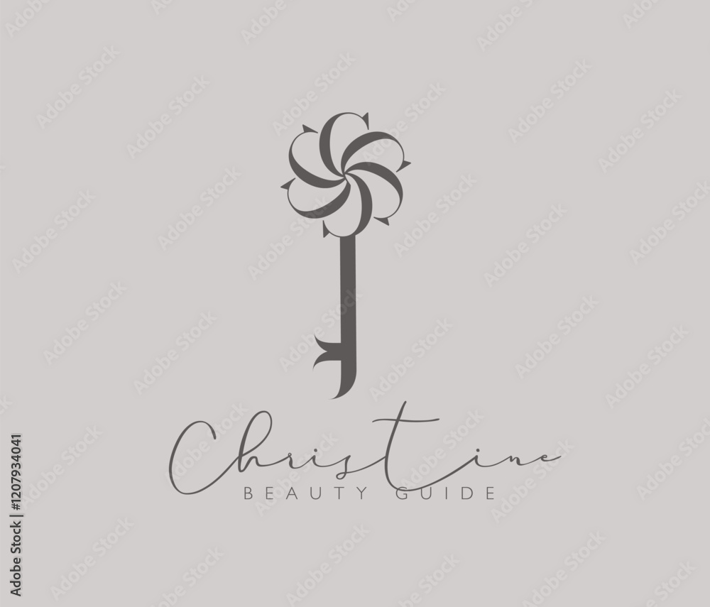 Beauty guide key label design lettering christine drawing in vintage art style on beige background