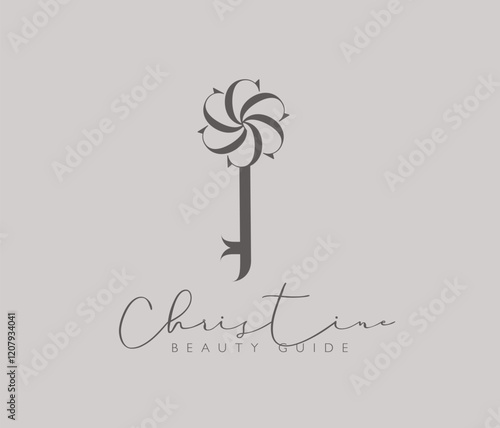 Beauty guide key label design lettering christine drawing in vintage art style on beige background