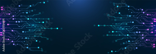Artificial Intelligence or machine learning vector design. Quantum computer technology concept with circuit board and motherboard texture background design. Waves flow quantum explosion