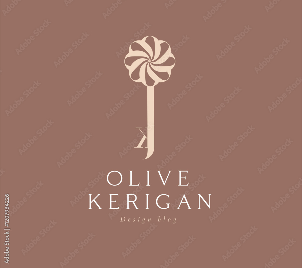 Design blog key label lettering olive kerigan drawing in vintage art style on beige background