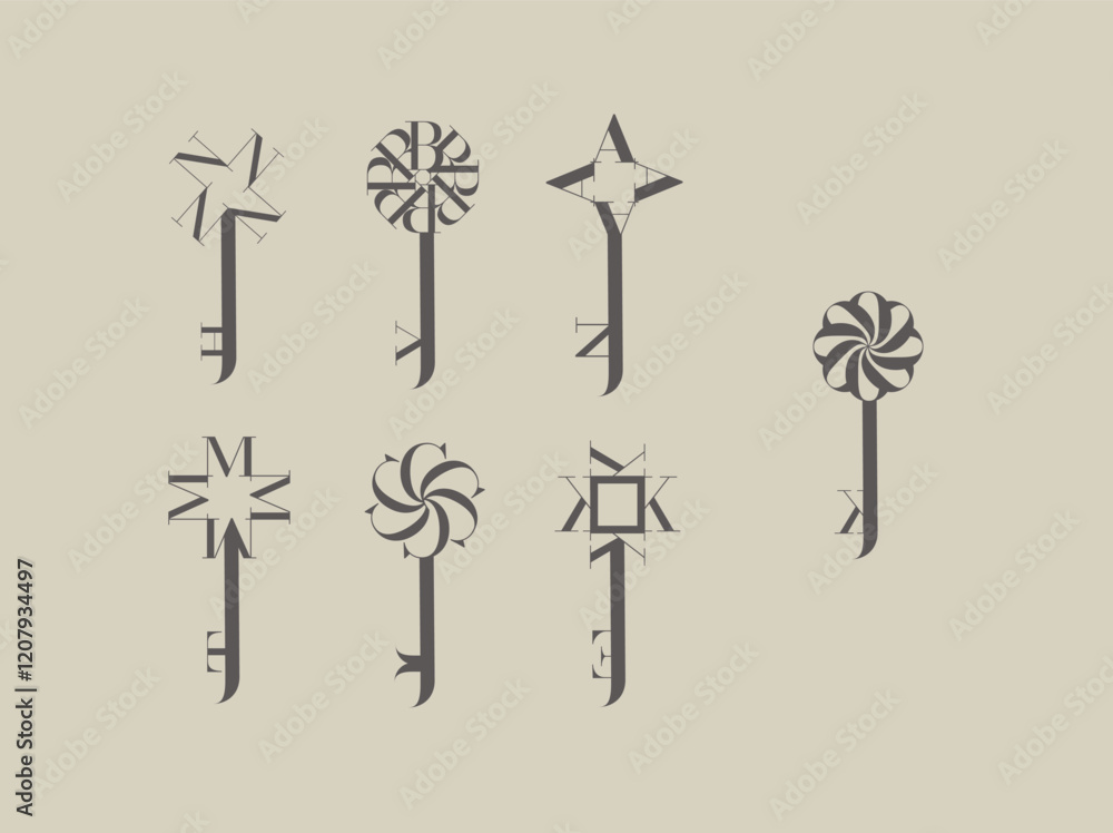 Key graphic art style collection drawing with brown on beige background