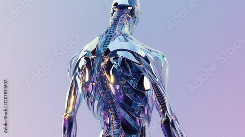 Futuristic human body with transparent and metallic skeletal structure, showcasing advanced biomechanics and digital technology in a sci-fi setting. 3D render of a human figure with glowing details