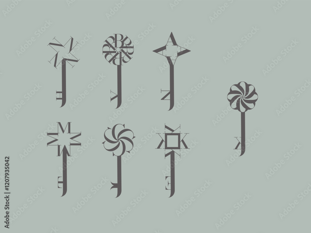 Key graphic art style collection drawing on grey background