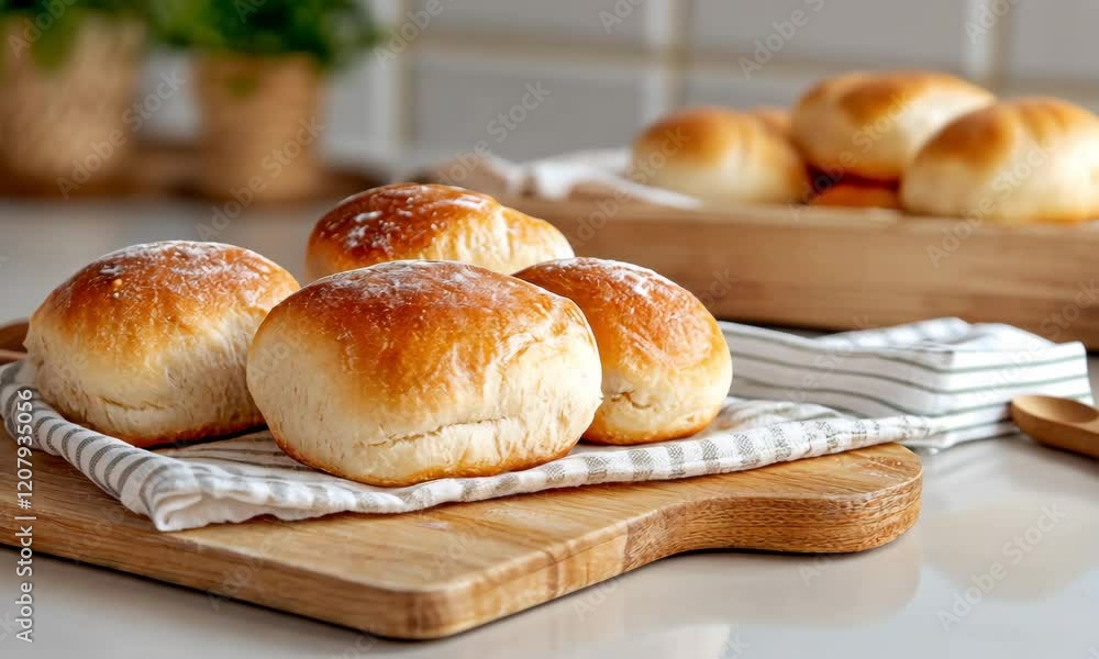 Warm fluffy buns with steam on a wooden board, in soft morning light, in a cozy kitchen. Concept of homemade baking
Warm fluffy buns with steam on a wooden board, in soft morning light, in a cozy kitchen. Concept of homemade baking