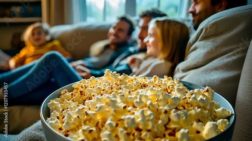 A family is watching a movie together and eating popcorn. The bowl of popcorn is on the couch, and the family members are sitting on the couch