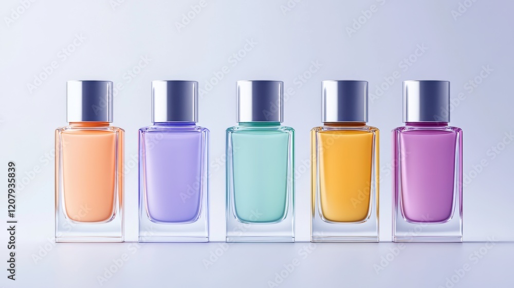 Pastel Perfume Bottles: Five stylish perfume bottles in pastel colors, with silver caps, arranged in a row against a light background. The image is perfect for beauty, fragrance, and lifestyle blogs. Pastel Perfume Bottles: Five stylish perfume bottles in pastel colors, with silver caps, arranged in a row against a light background. The image is perfect for beauty, fragrance, and lifestyle blogs.