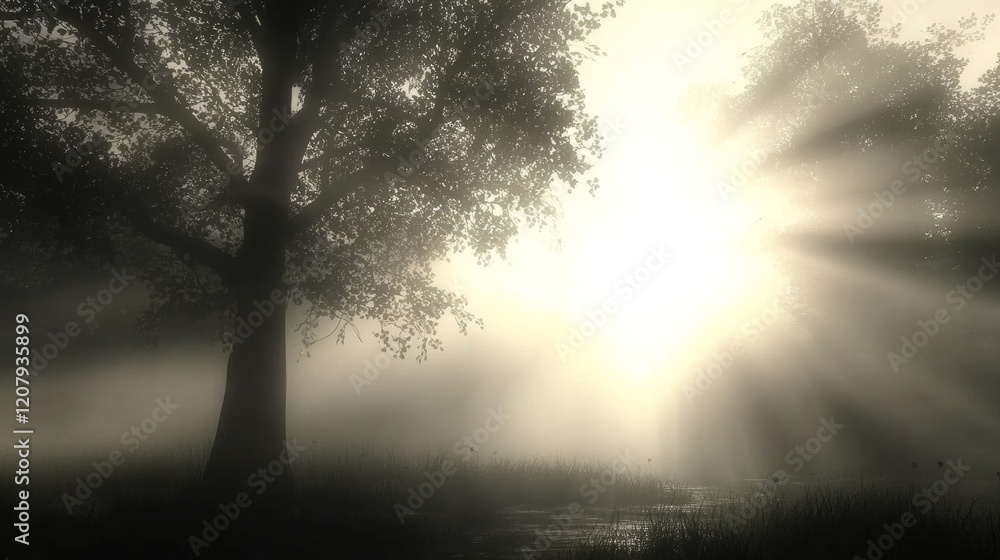 Naklejka premium Misty Dawn Illuminates Ancient Forest Tree