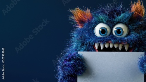 A fluffy, vibrant monster with blue fur and colorful spikes on its head displays a blank sign. Its large eyes and wide grin add a humorous touch to the playful atmosphere