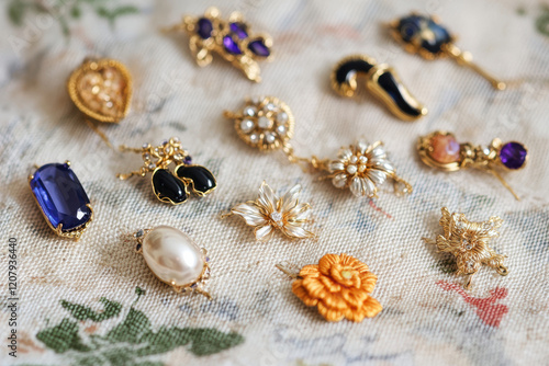 Handmade brooches in various designs and colors displayed on fabric