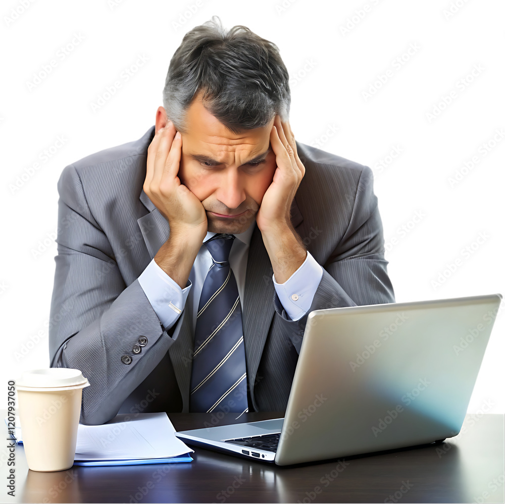 Stressed Businessman Working Late on Laptop Computer tie sad job desk grey suit tired Stressed Businessman Working Late on Laptop Computer tie sad job desk grey suit tired