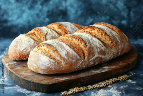 Rustic crusty loaves of bread on wooden cutboard. Bakery concept with homemade circle bread.	 photo