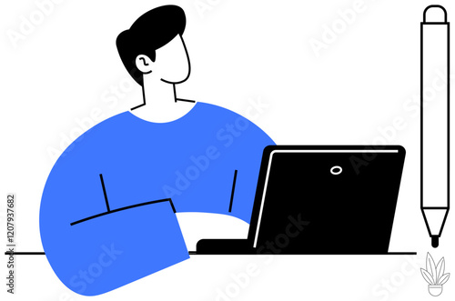 Individual working on laptop beside an oversized stylus. Ideal for technology, productivity, work from home, digital art, e-learning, focus, creativity. Modern abstract line flat metaphor