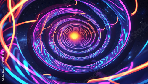 Abstract flight in retro neon hyper warp space in the tunnel photo