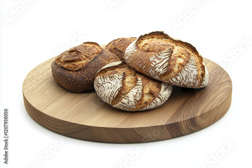 Rustic crusty loaves of bread on wooden cutboard. Bakery concept with homemade circle bread.	 photo