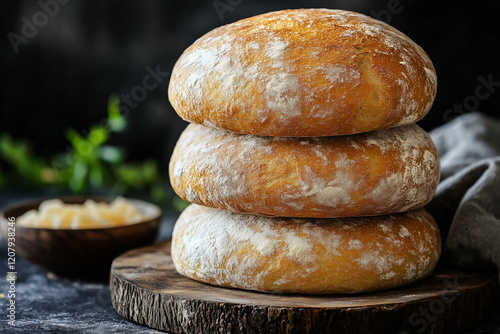 Rustic crusty loaves of bread on wooden cutboard. Bakery concept with homemade circle bread.	 photo