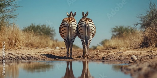Couple of mountain zebras drinking at a waterhole, view from behind, zebra butts, wildlife safari and game drive in Namibia