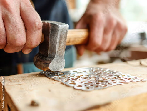 Craftsman shaping metal with hammer on wooden surface, showcasing skill