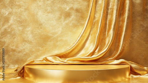 Gold silk draped elegantly over a circular pedestal against a textured golden backdrop.