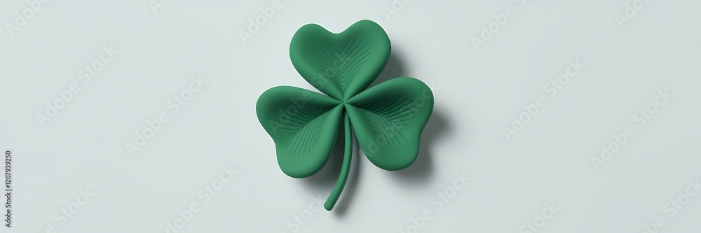 A 3D render of a creative minimalist Saint Patrick's Day poster design. A shamrock is shown with three green leaves on a white background. A 3D render of a creative minimalist Saint Patrick's Day poster design. A shamrock is shown with three green leaves on a white background.