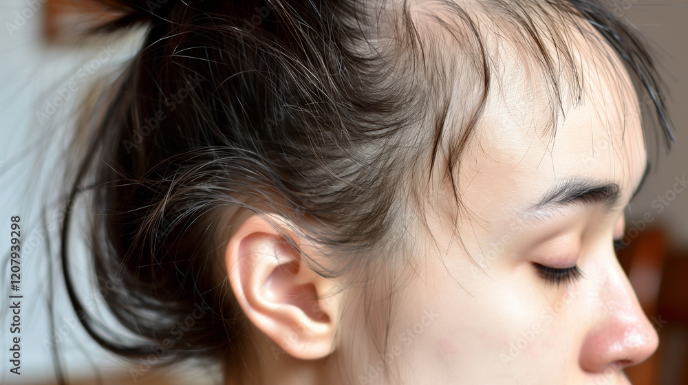 Naklejka premium Side profile of a young woman a balding head. A middle-age female baldness. hair loss problem. pills for alopecia.