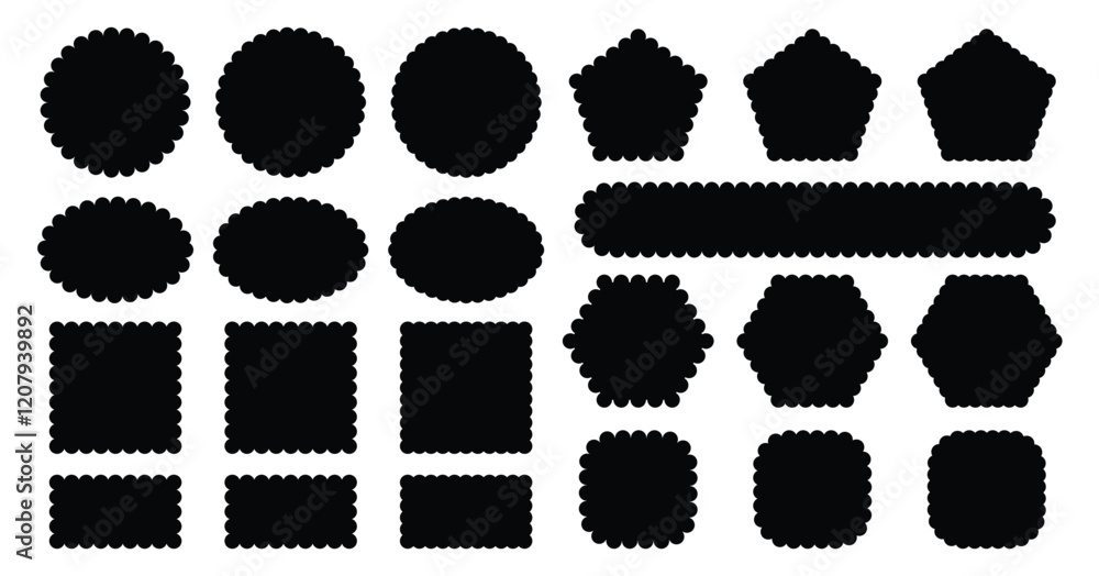 Obraz premium Zigzag edges, scallop edges shape. Set of jagged ellipses, rectangles, polygon, hexagons elements. Design for template, cover, banner, poster, sticker.