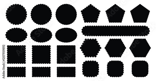 Zigzag edges, scallop edges shape. Set of jagged ellipses, rectangles, polygon, hexagons elements. Design for template, cover, banner, poster, sticker.
