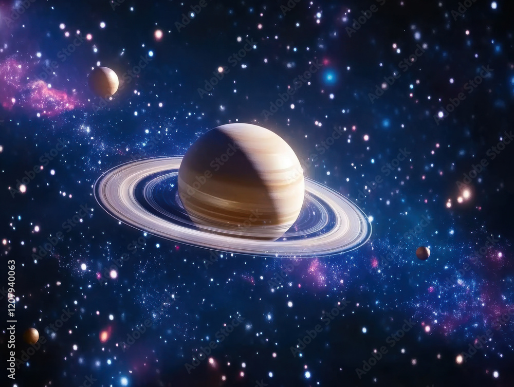 Naklejka premium stunning view of Saturn surrounded by colorful galaxies and celestial bodies, showcasing beauty of universe. vibrant colors and intricate details evoke sense of wonder and exploration