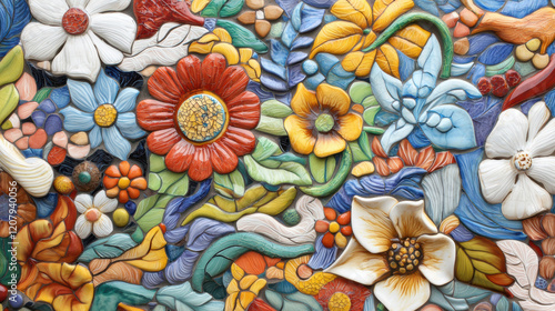 Vibrant handmade ceramic tile mural showcasing colorful floral designs