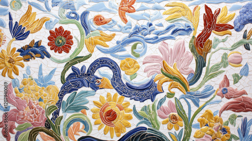 Vibrant handmade ceramic tile mural showcasing colorful floral designs