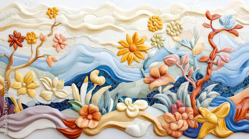 Vibrant handmade ceramic tile mural showcasing colorful flowers and waves