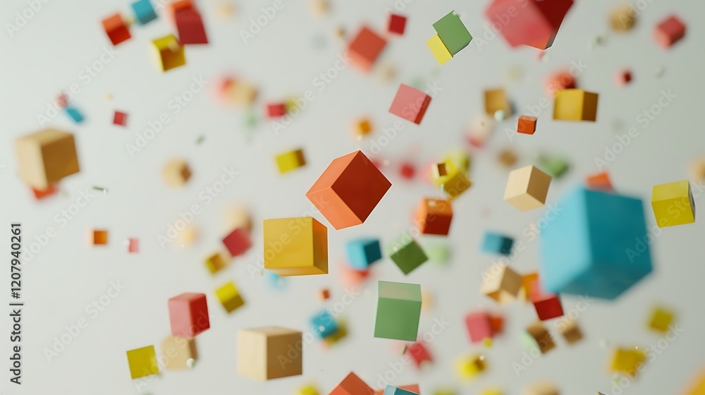 A dynamic arrangement of multicolored cubes tumbling mid-air against a pure white background A dynamic arrangement of multicolored cubes tumbling mid-air against a pure white background