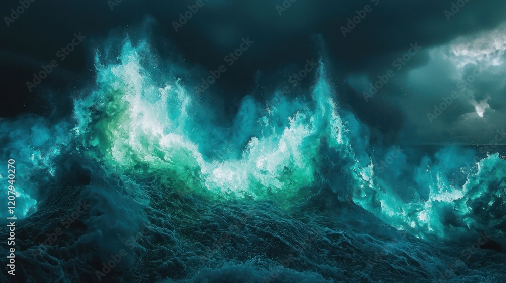 Obraz premium Ocean's Fury: A mesmerizing spectacle of turquoise waves crashing under a stormy sky. Nature's raw power captured in a breathtaking image.