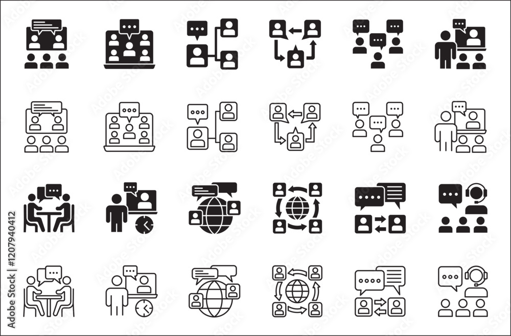 Business presentation icon set. Meeting and conference icons. Contains symbols of briefing, project, schedule, strategy, seminar, sales presentation, profile company, plan. Flat solid icon design. Business presentation icon set. Meeting and conference icons. Contains symbols of briefing, project, schedule, strategy, seminar, sales presentation, profile company, plan. Flat solid icon design.