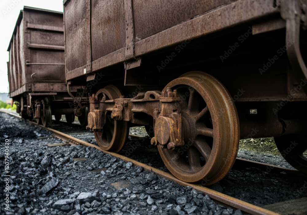 Naklejka premium Rusty train wheels stand still on tracks surrounded by gravel during an overcast day in an industrial area