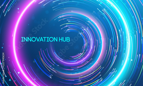 Innovation hub symbolized by circular motion of radiant light trails in a digital format. Big data and data science integration with advanced technology and artificial intelligence concepts.