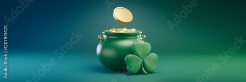 A 3D render of a creative minimalist Saint Patrick's Day poster design. There is a green pot of gold with a gold coin floating above it. There is a shamrock, a symbol of Saint Patrick's Day,