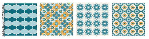 Collection of Arabic geometric mosaic printable seamless pattern with abstract Moroccan print in blue and orange colors. Ramadan Kareem Traditional Islamic art Illustration background