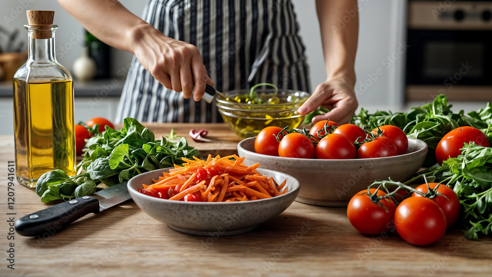 Kitchen table with ingredients for making healthy salad: fresh vegetables, olive oil and slicing knife Kitchen table with ingredients for making healthy salad: fresh vegetables, olive oil and slicing knife