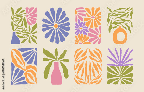 Trendy aesthetic posters with abstract groovy floral shape with flowers and leaves. Simple irregular wild plants. Naive funky prints for wall art, interior decorations. Boho summer illustrations
