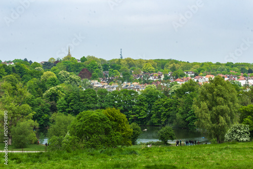 Scenic View of Hampstead Heath with Lush Green Trees and Village Homes