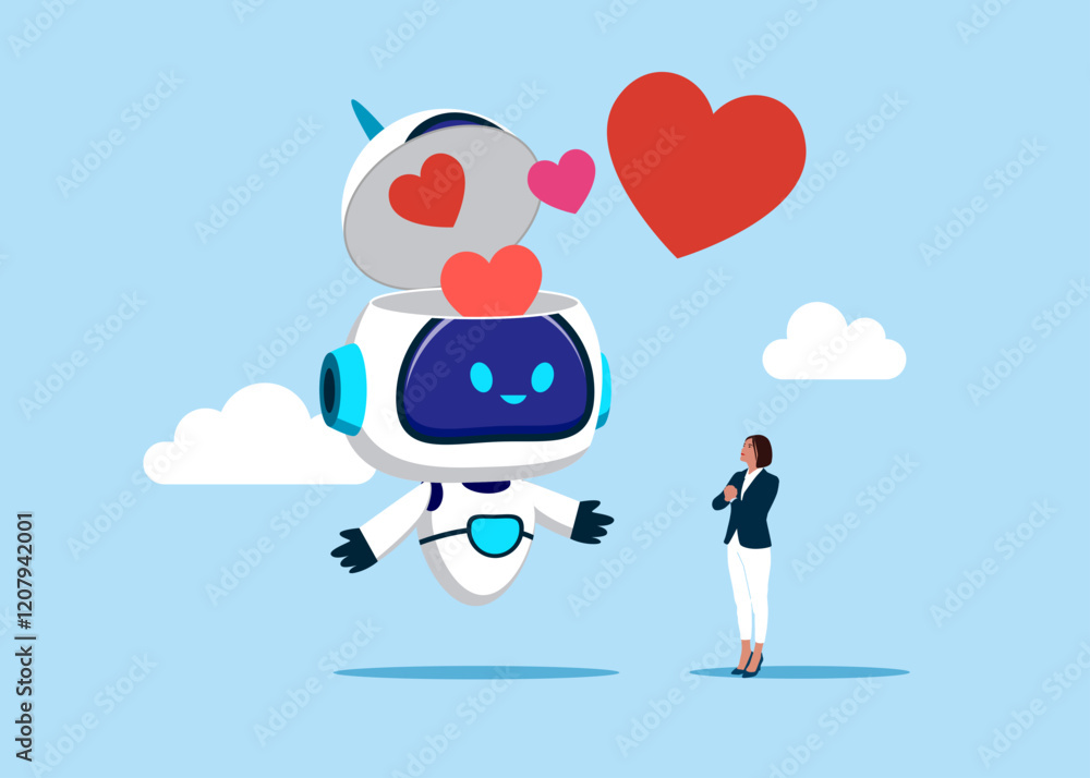 Artificial intelligence. Open robot head to see hearts. Saint Valentine's day card. Love you, website design or landing web page. Modern vector illustration in flat style.