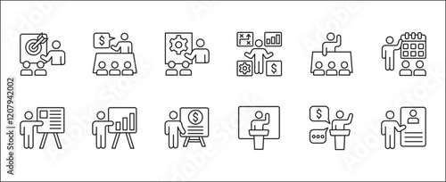 Business presentation icon set. Meeting and conference icons. Contains symbols of seminar, sales presentation, profile company, plan, briefing, project, schedule, strategy. Thin line icon design.