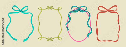Set of elegant whimsical hand-drawn pink blue orange green color frames with wavy squiggle curly ribbons in trendy, vintage styles. Perfect for quirky holiday, wedding, birthday gift decorations