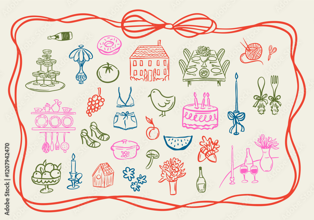 Fototapeta premium Set of whimsical hand-drawn cottage core, food and drink illustartion in trendy vintage style. Perfect for quirky wedding holiday, dinner and bar menu, bachelorette party, birthday invitation, sign